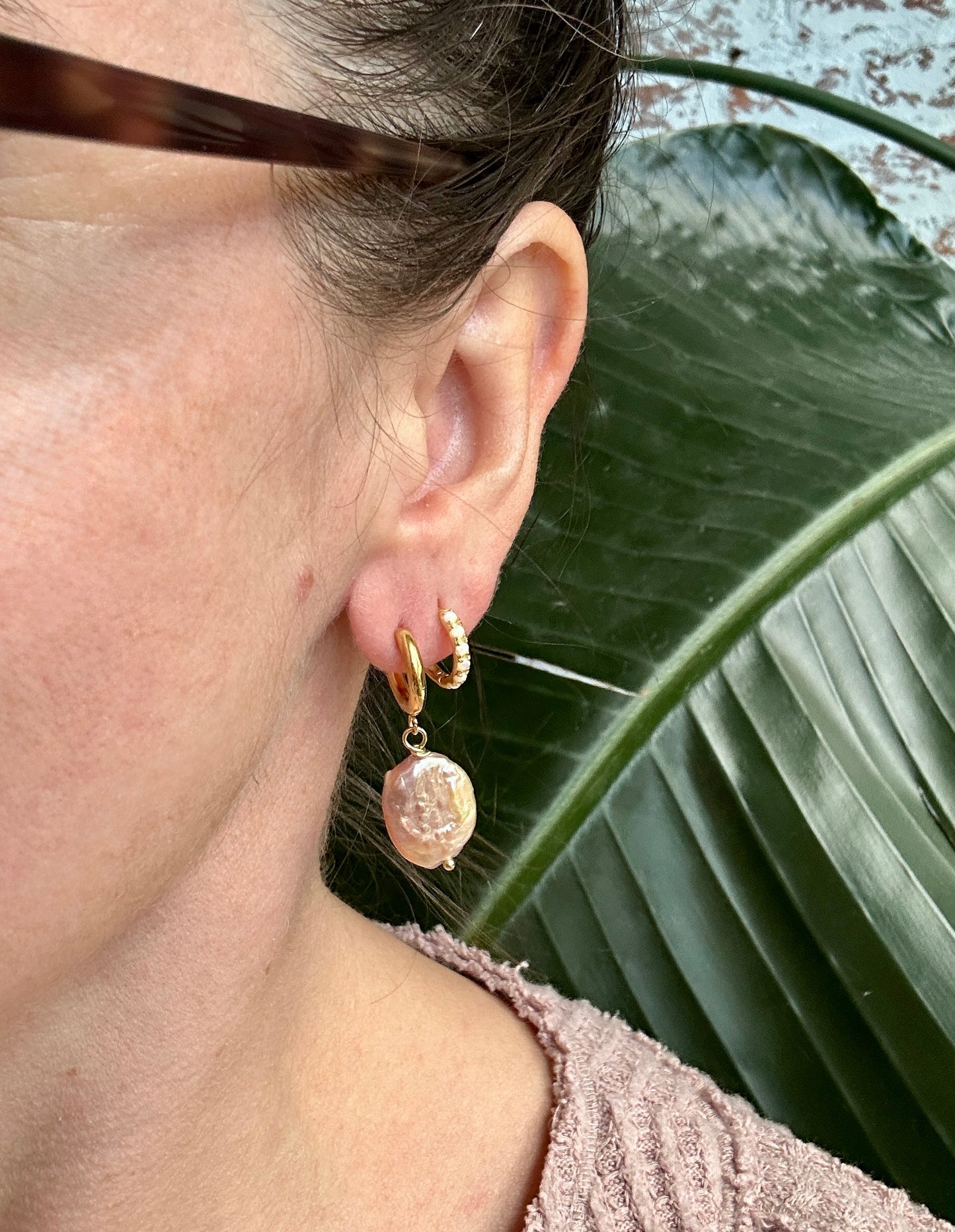 Large Pink Keshi Pearl Huggies