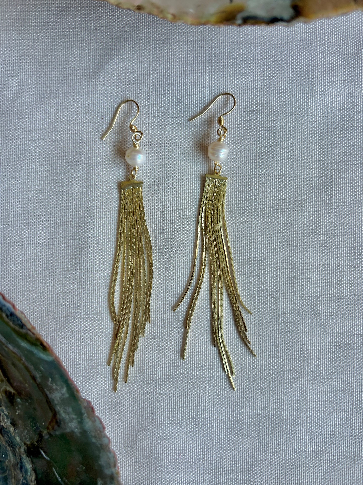 White Pearl Gold Flapper Earrings