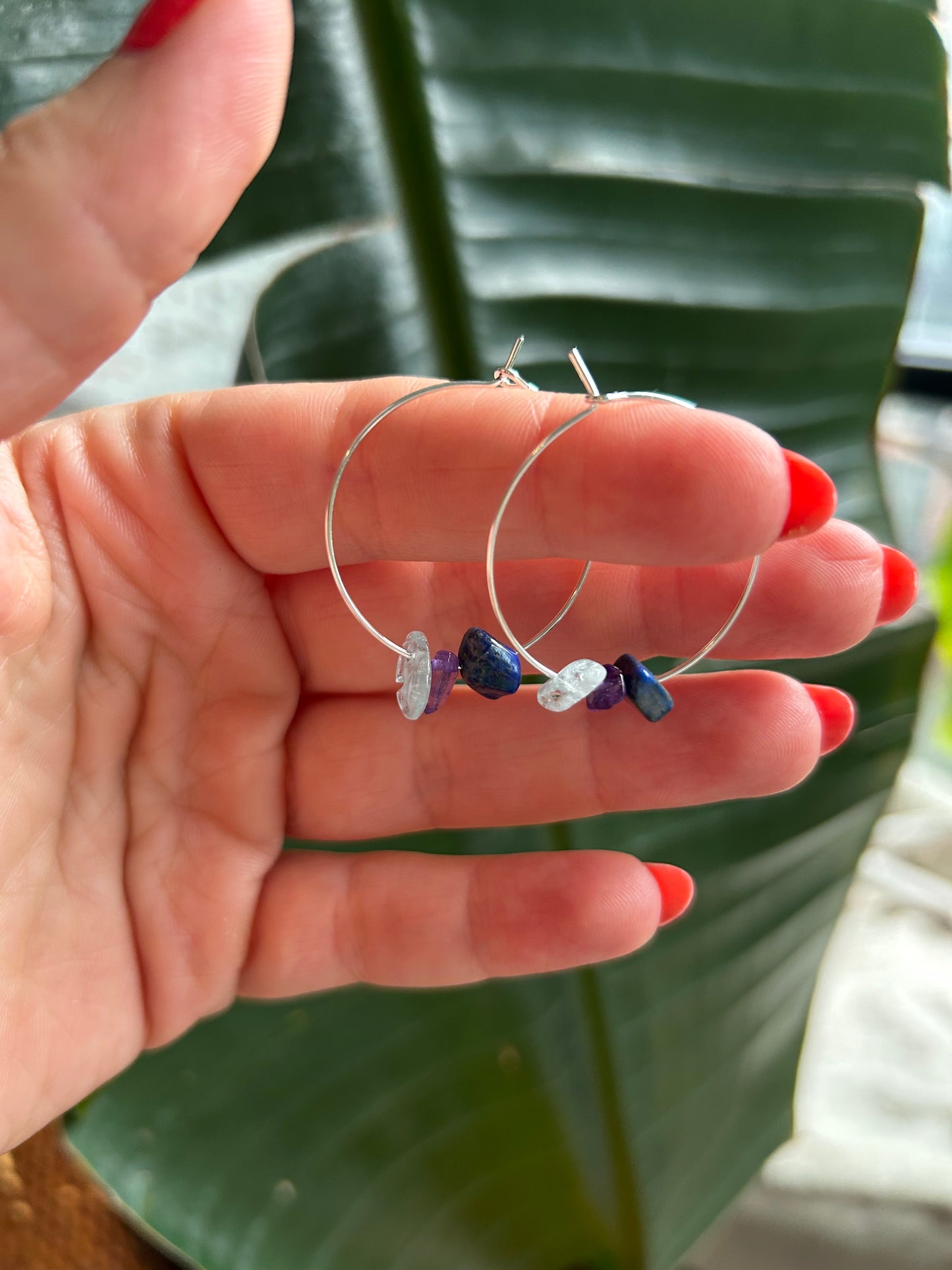 crystal hoops featuring  Amethyst, Lapis Lazuli, Aquamarine