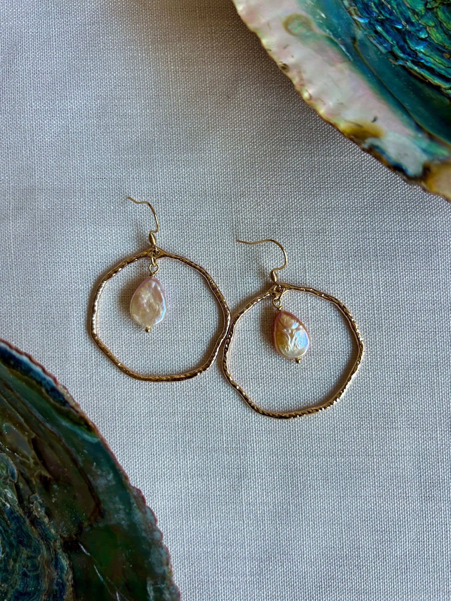 Pink Keshi Pearl Hammered Gold Hoops