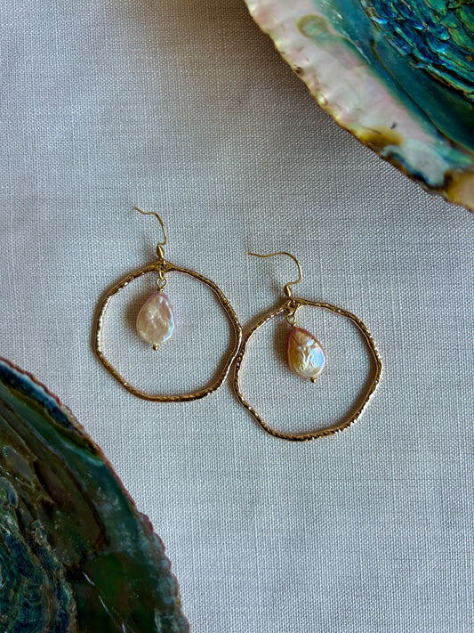 Pink Keshi Pearl Hammered Gold Hoops