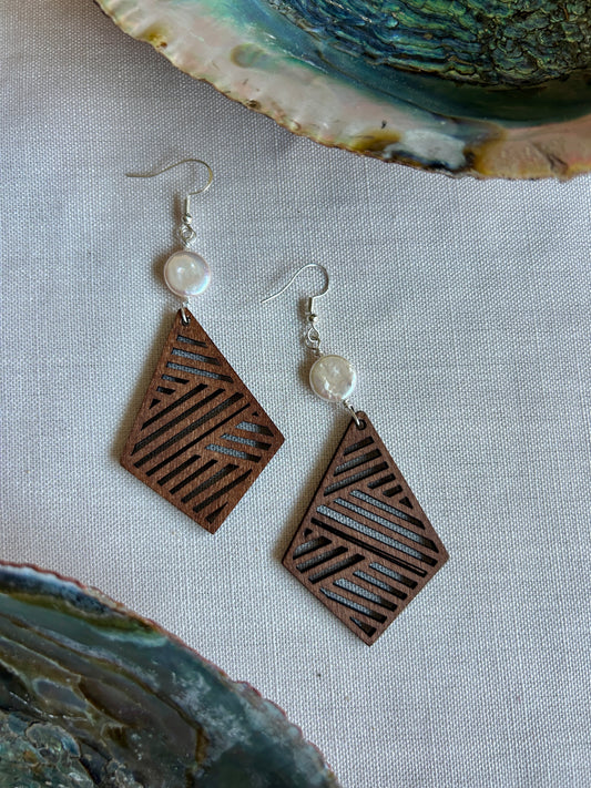 White Pearl Wooden Sterling Silver Earrings