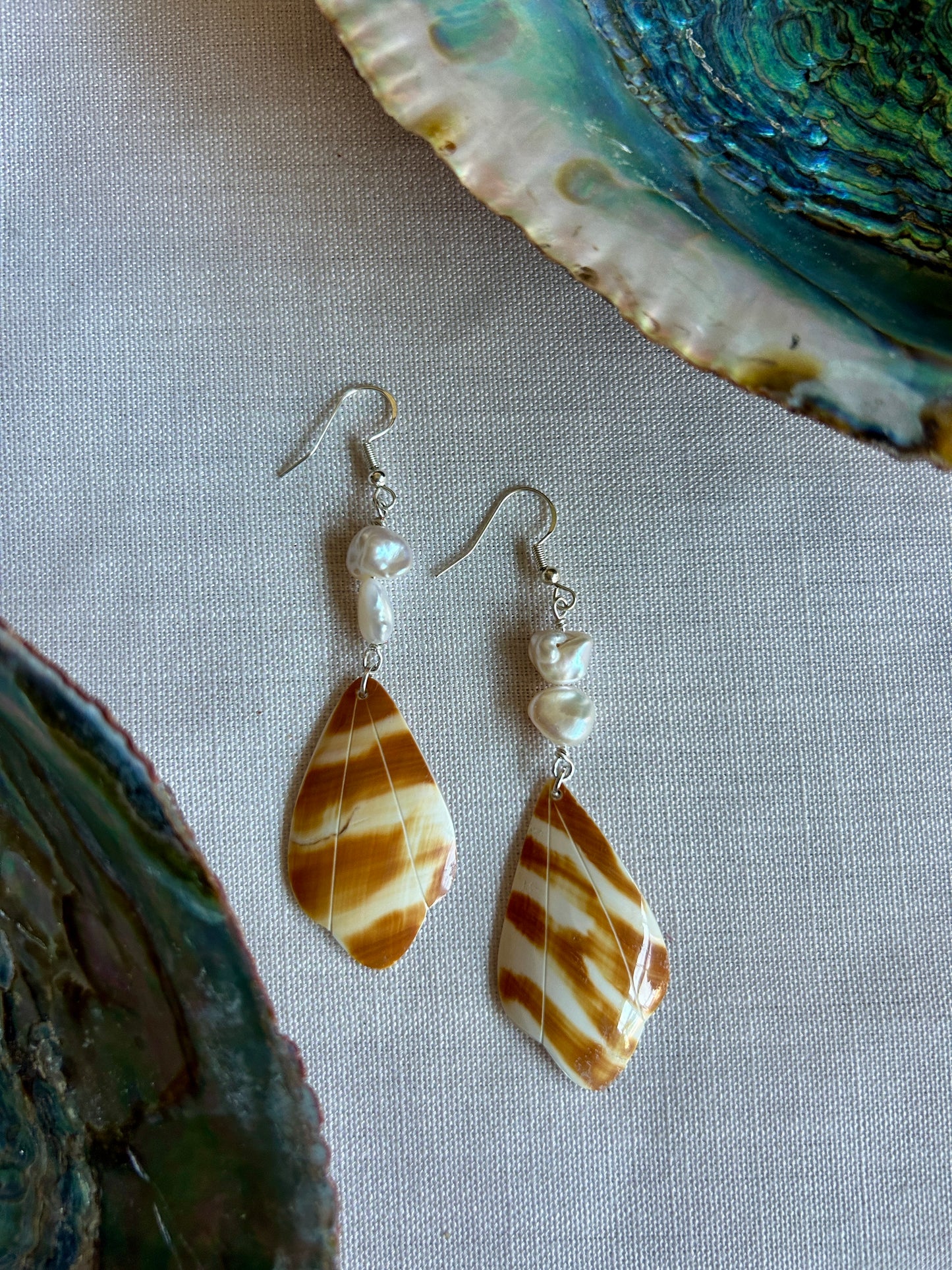 Upcycled Conch + White Pearl Earrings