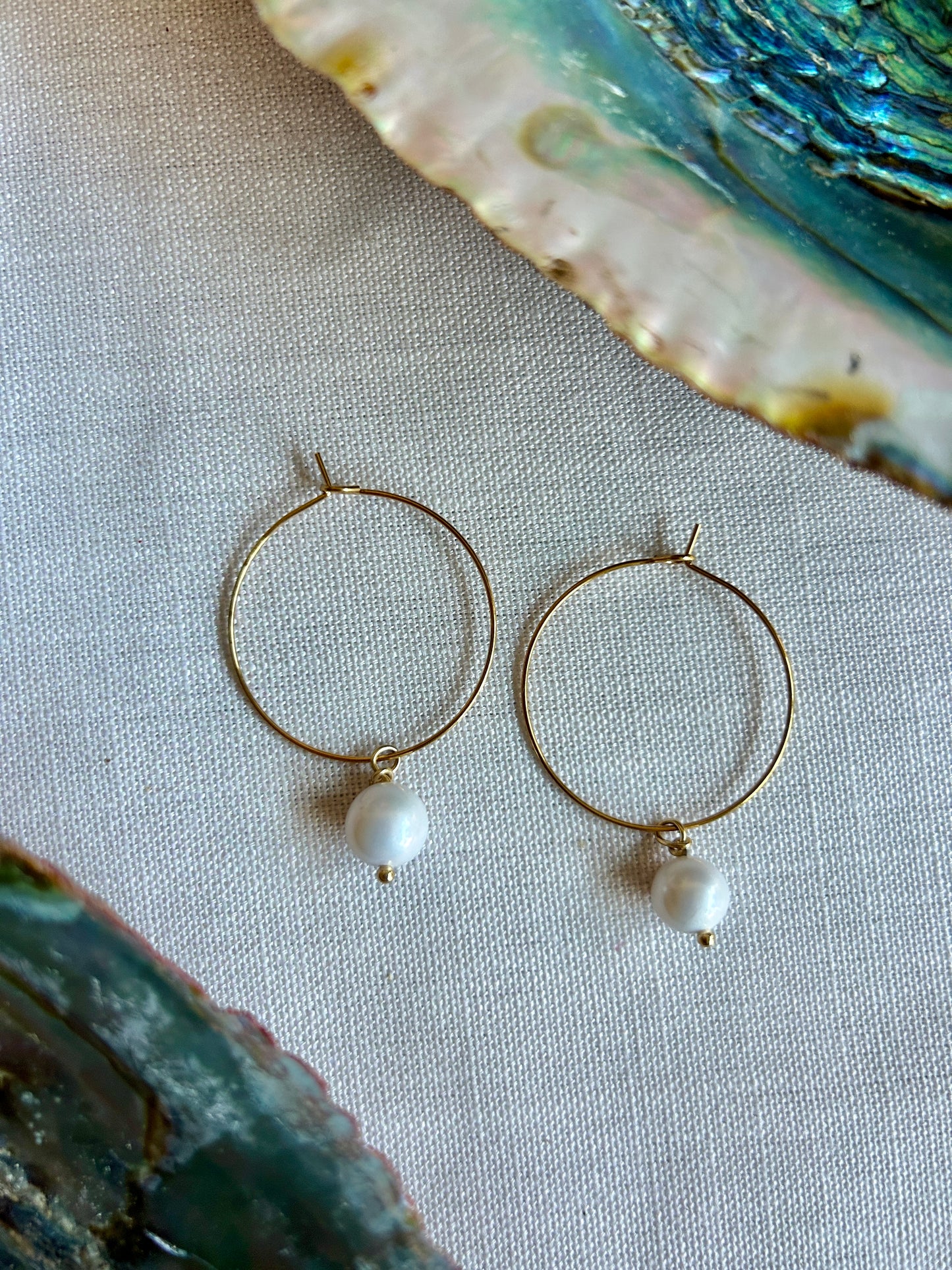 White Pearl Gold Hoops
