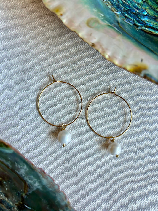 White Pearl Gold Hoops