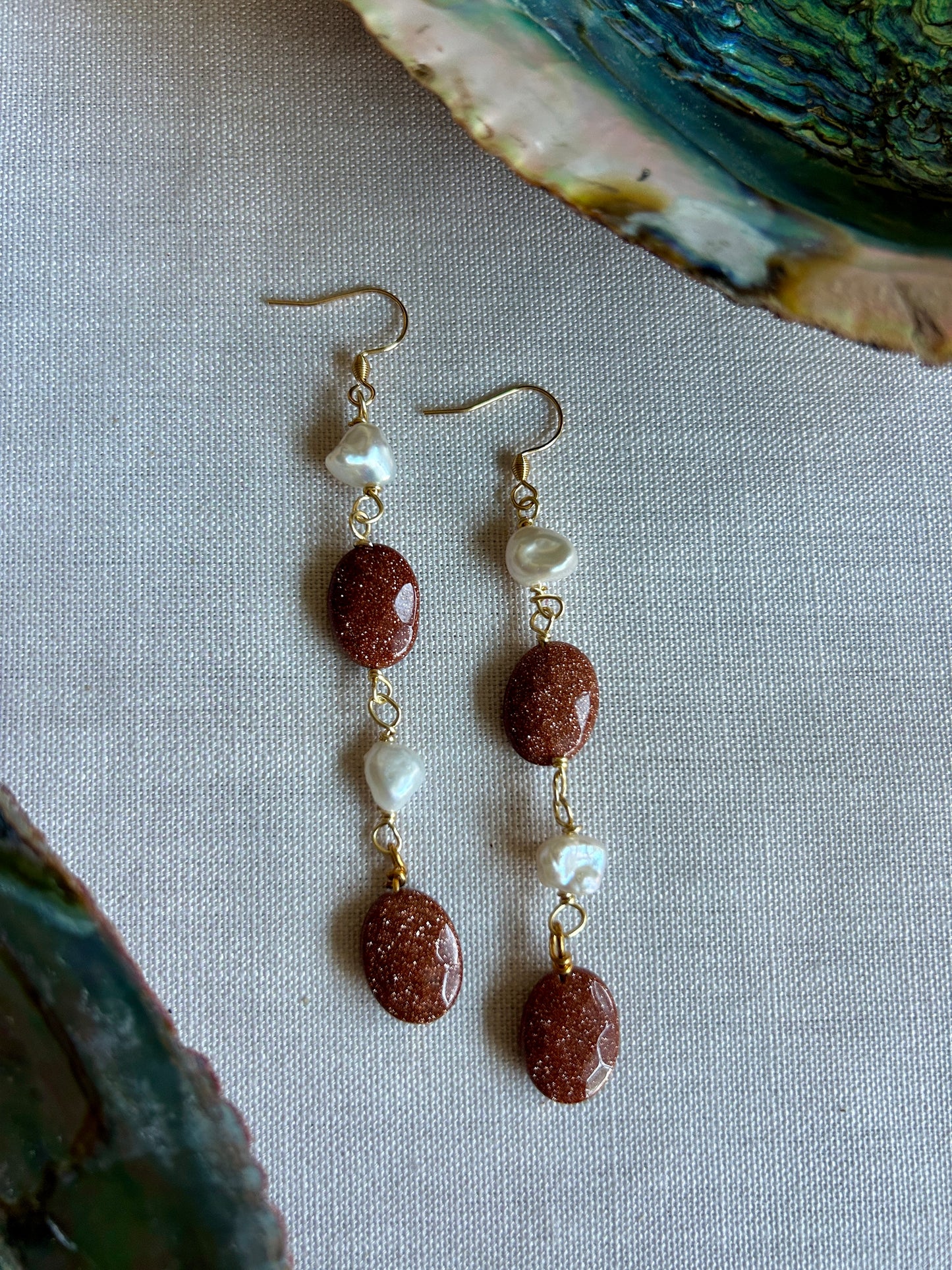 White pearl and Sandstone Crystal Gold Earrings