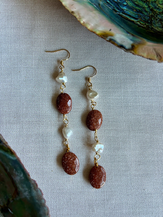White pearl and Sandstone Crystal Gold Earrings
