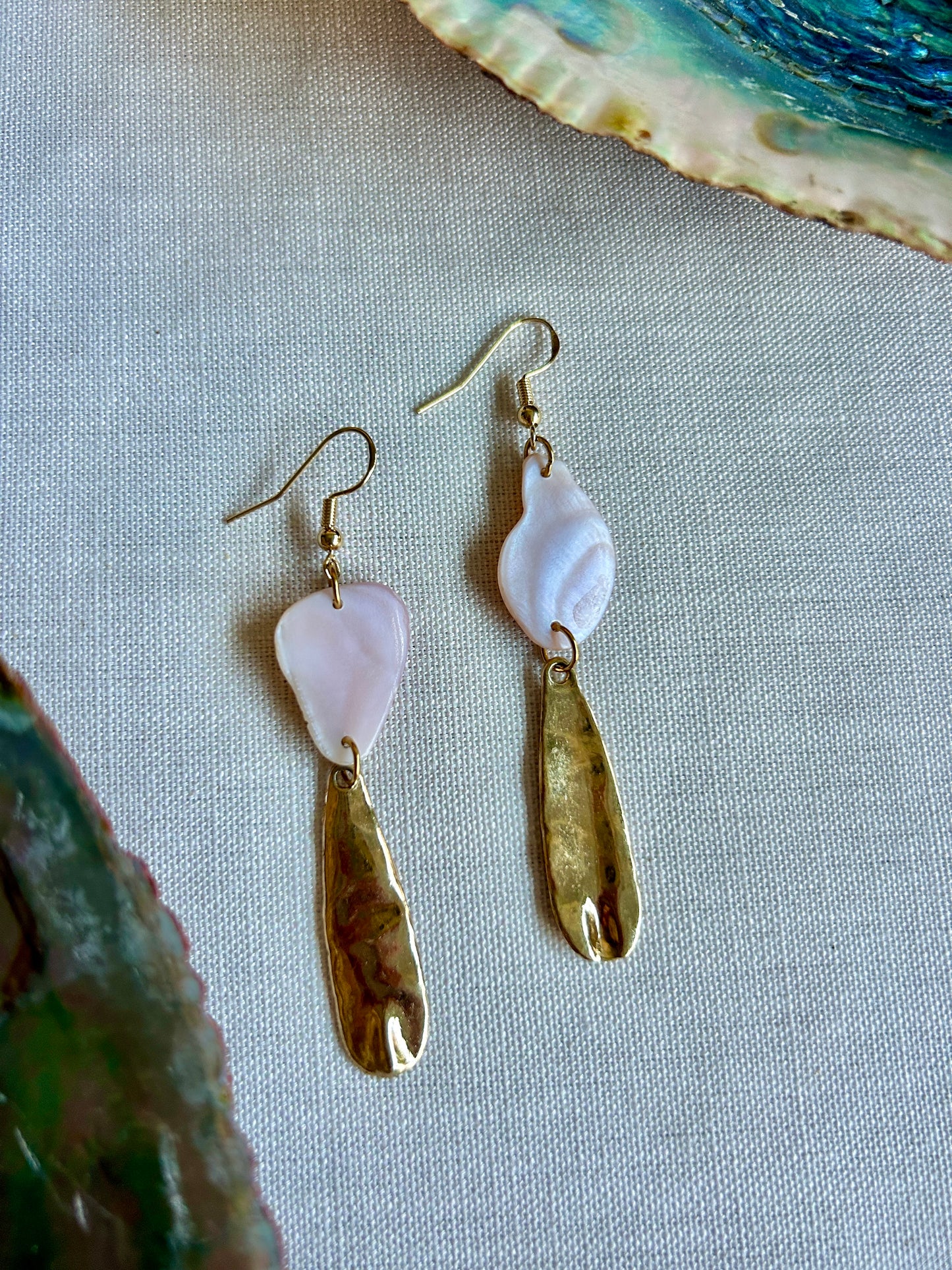 Pink Mussel + Hammered Gold Hanging Earrings