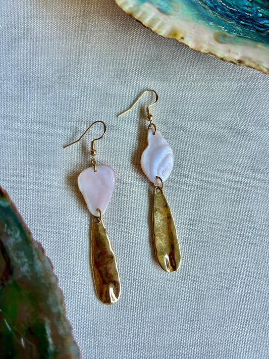 Pink Mussel + Hammered Gold Hanging Earrings