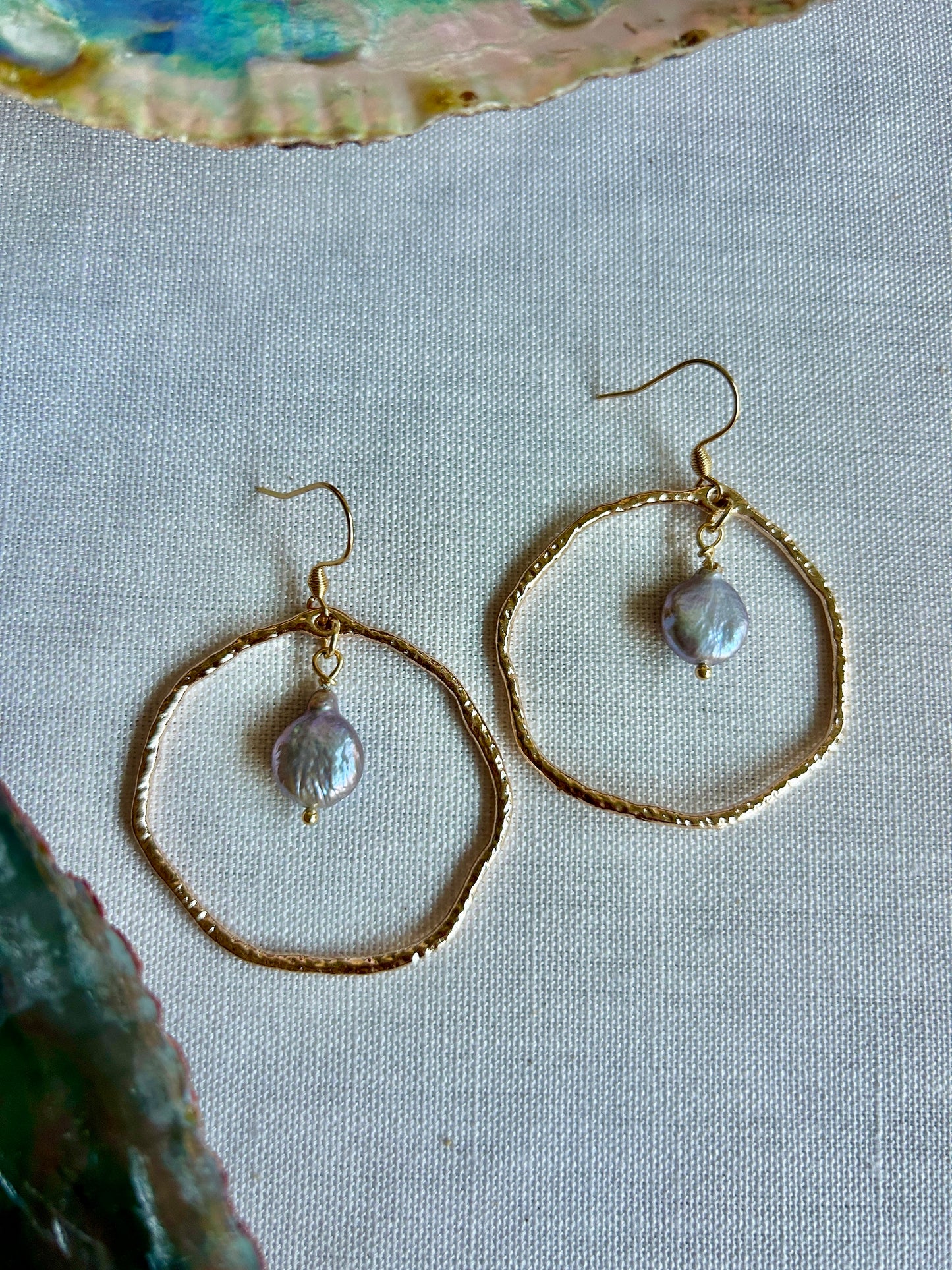 Pink Keshi Pearl Hammered Gold Hoops