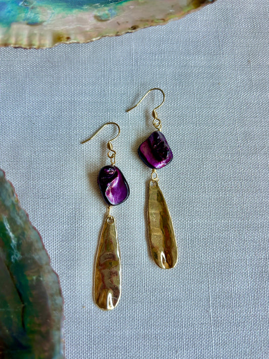 Purple Mother of Pearl and Hammered Gold Earrings