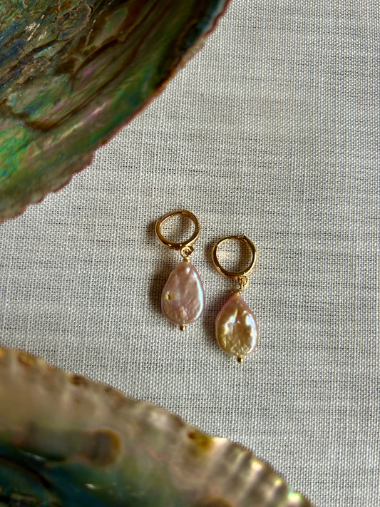 Large Pink Keshi Pearl Gold Huggies
