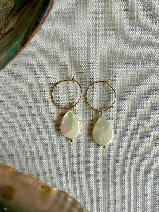 Mother of Pearl Teardrop Gold Hoops