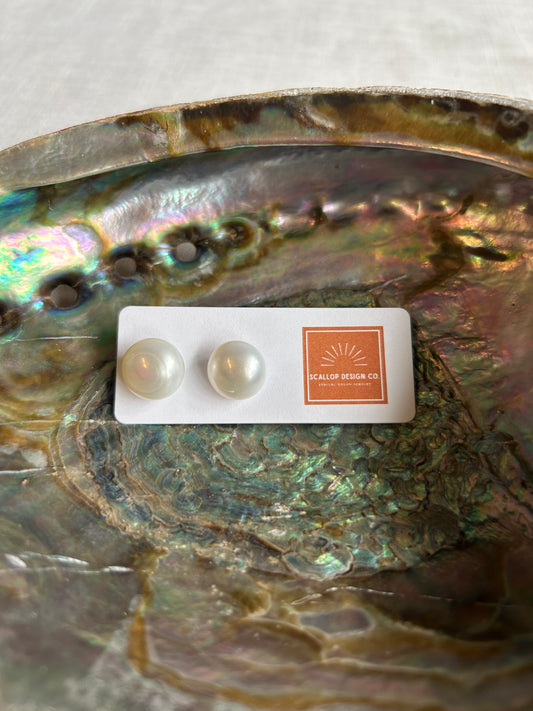 Large White Button Pearl Studs