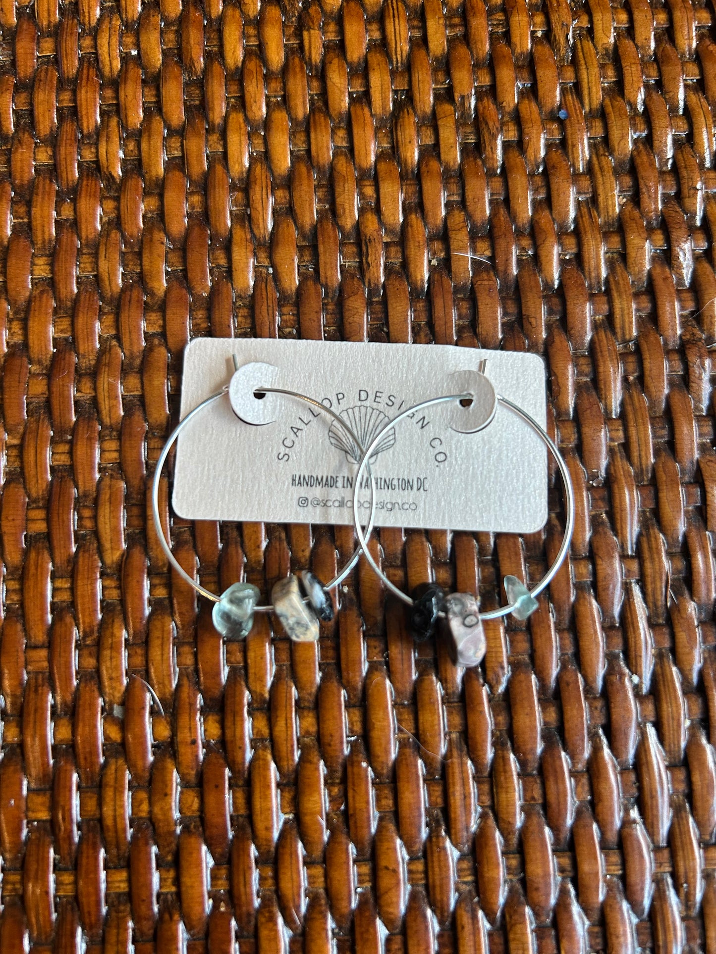 Crystal hoops featuring Leopard Jasper, Black Onyx, Fluorite