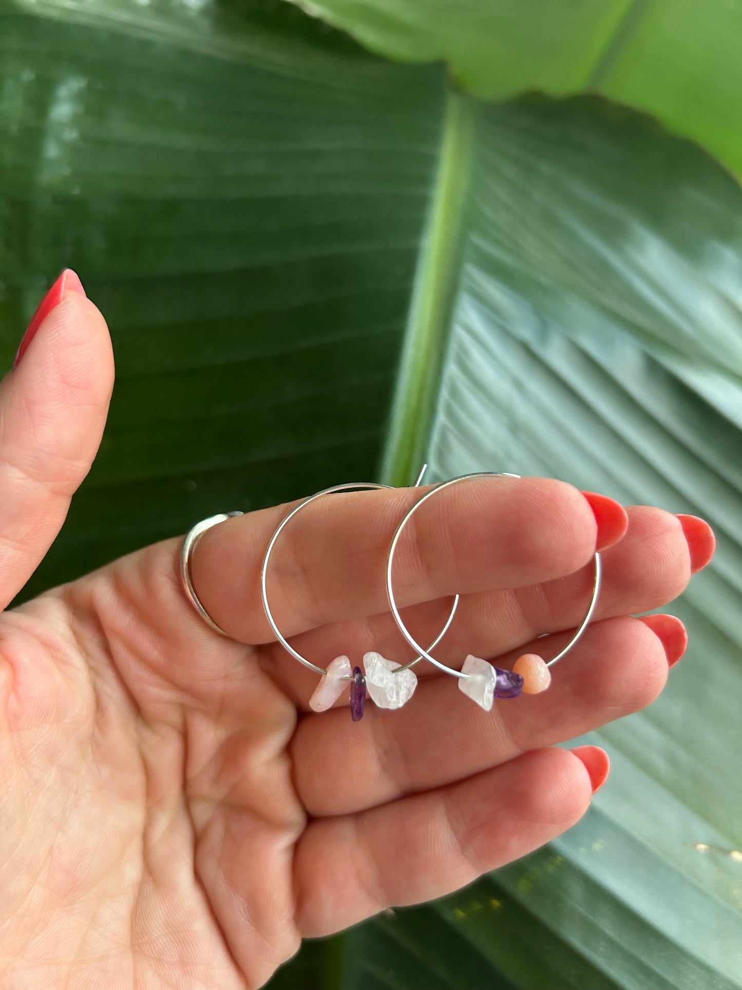 crystal hoops featuring Rose Quartz, Pink Opal, Amethyst