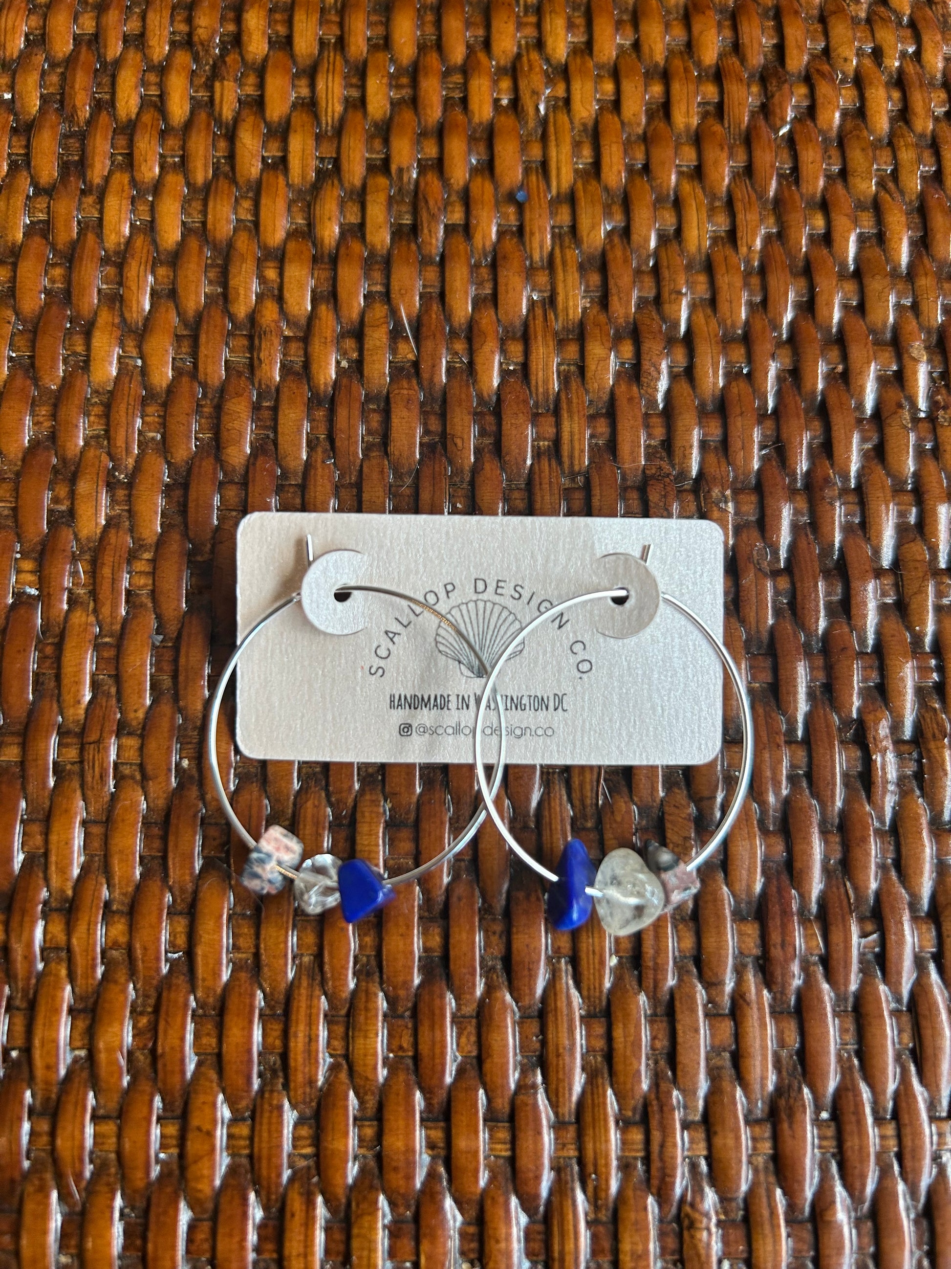 Cryystal hoops featuring Citrine, Leopard Jasper, Lapis Lazuli